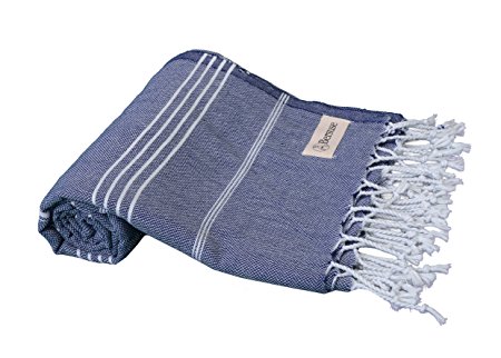 Bersuse 100% Cotton - Anatolia Turkish Towel - Bath Beach Fouta Peshtemal - Classic Striped Pestemal - 37X70 Inches, Dark Blue