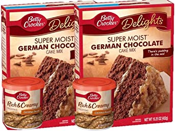 Betty Crocker Super Moist German Chocolate Cake Mix and Coconut Pecan Frosting Bundle (4 Pack)