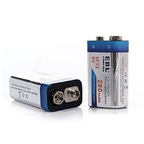 EBL 2 Pack 280mAh High Capacity 9V Rechargeable Batteries [Home Basic Series]