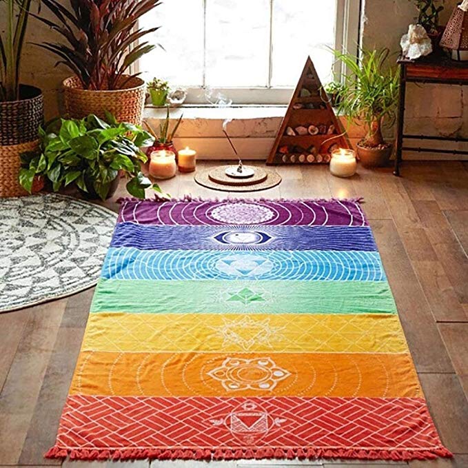 USHOT Rainbow Chakra Tapestry Towel Yoga Mat Sunscreen Shawl Tapestry Hippy Boho Gypsy By