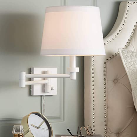 Vero Modern Swing Arm Wall Lamp White Plug-in Light Fixture Hardback Drum Shade for Bedroom Bedside Living Room Reading - 360 Lighting