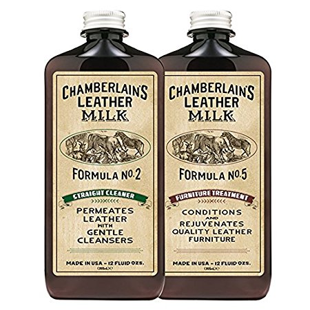 Leather Milk Leather Furniture Cleaner & Conditioner Kit (2 Bottle Furniture Care Set) - Straight Cleaner No. 2   Furniture Treatment No. 5 - All Natural, Non-Toxic. Made in USA. W/ 2 Restoration Pads