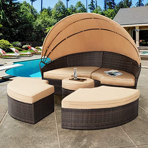 Solaura Outdoor Patio Round Daybed with Retractable Canopy and Brown Wicker, Seating Separates Cushioned Seats (4 Light Brown Pillow)