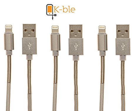 K-ble Premium Braided Lightning to USB Cable for Apple iPhone 7 / 6 / 6 Plus / 6S / 5 / 5C / 5S, iPad Air, iPad Mini and iPods (Grey Color) [3.3FT - 3 PACK]