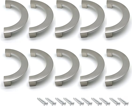 Kitchen Cabinet Handles, Half Moon Cabinet Pulls, Semicircle Cabinet Pulls,5.04" Hole Centers Finger Pulls for Cabinets,Zinc Alloy with Screws,Brushed Silver,10-Pack