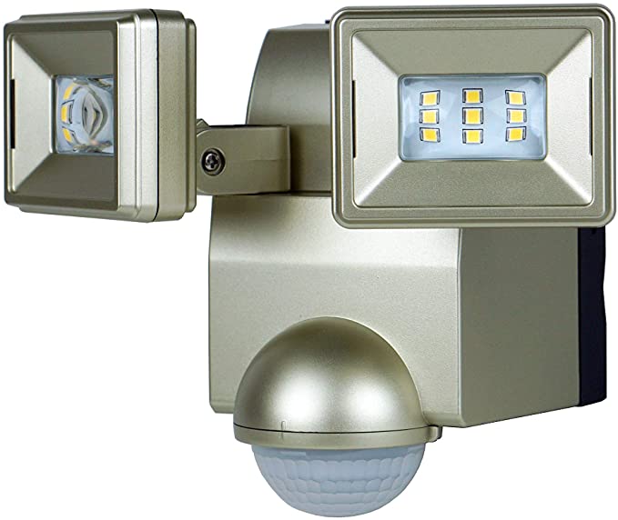 LB1870CH700 Lumen Battery Operated Ultra Bright LED Motion Security, Motion Sensor, Motion Activated Flood Light, Wall or Eave Mount Twin Head includes L-bracket for easy mounting Champaign finish