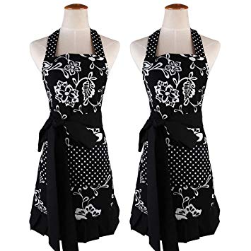 Surblue 100% Organic Cotton Reusable Women Hem Apron with Two Pocket, Extra-Long Tie (Black-2PC)