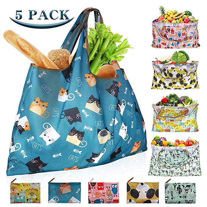 Reusable Shopping Bags Foldable Washable 55LBS XX-Large Grocery Bags Heavy Duty Cloth Shopping Bags Tote Eco-Friendly Ripstop Waterproof Fits in Pocket, 5-Pack Cute Cat Dog Owl Cactus Printing