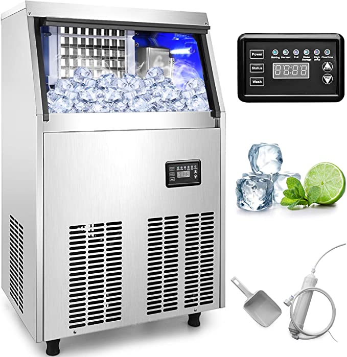 110V Commercial Ice Maker 88LBS/24H Stainless Steel Commercial Ice Machine with 33lbs Storage Capacity Industrial Ice Maker Machine Auto Clean for Bar Home Supermarkets