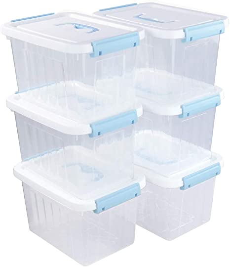 Ponpong 6 Packs Plastic Storage Bins with White Lid, Blue Handle, Clear Latching Box, Hold 6 L
