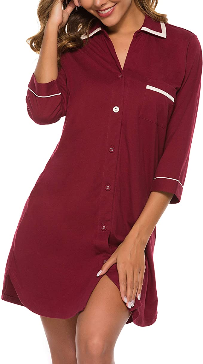 COLORFULLEAF Womens 100% Cotton Night Shirts Button Up Sleepwear Comfy Sleep Shirt Soft Nightgown