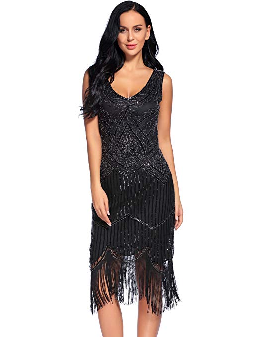 Flapper Girl Women's Vintage 1920s Sequin Beaded Tassels Hem Flapper Dress