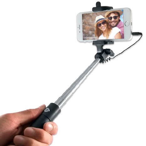 Wired Selfie Stick Battery Free No Bluetooth for Apple iPhone 6 Plus 5 5s 5c 4 4s Samsung Galaxy S3 S4 S5 S6 Edge and Android Phones - Mini 3-in-1 Self-Portrait Monopod with Cable Fits in Pocket