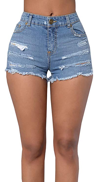 Womens High Waisted Shorts Ripped Stretch Washed Denim Jeans with Pockets By Baifern