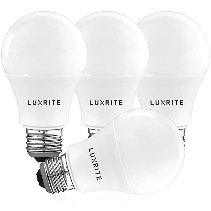 Luxrite A19 LED Light Bulb 60W Equivalent, 2700K Soft White Dimmable, 800 Lumens, Standard LED Bulb 9W, E26 Base, Energy Star, Enclosed Fixture Rated, Perfect for Lamps and Home Lighting (4 Pack)