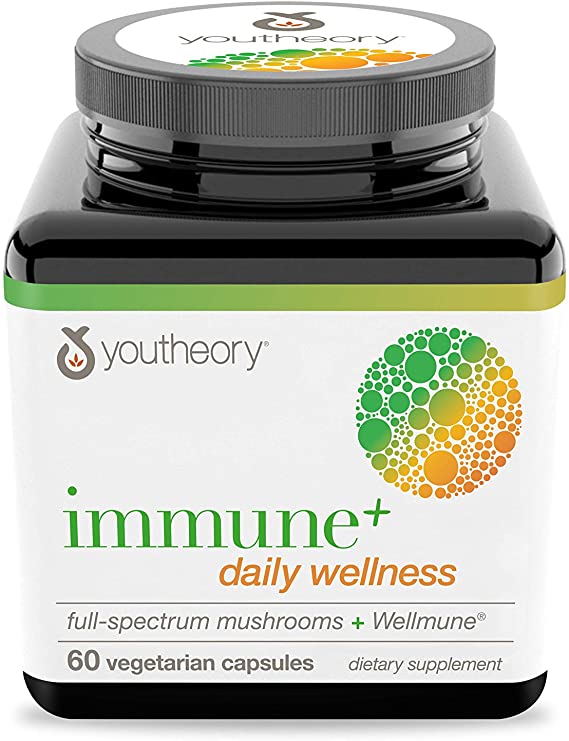 Youtheory Immune  Daily Wellness - Organic Mushrooms - Beta Glucan - Vitamin C, D3 & Zinc, 60 Vegetarian Caps