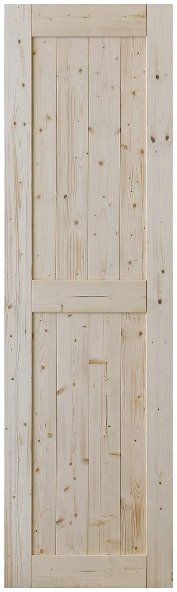 SmartStandard 24in x 84in Sliding Barn Wood Door Pre-Drilled Ready to Assemble, DIY Unfinished Solid Spruce Wood Panelled Slab, Interior Single Door Only, Natural, H-Frame (Fit 4FT Rail)