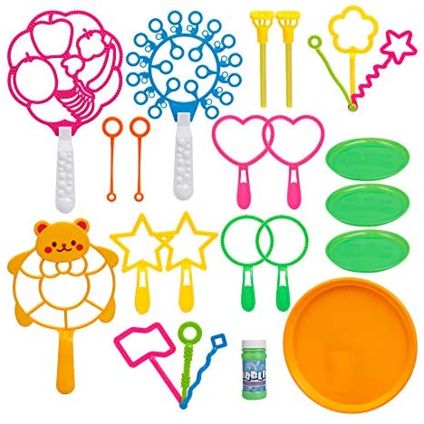 D-FantiX Bubble Wand Set, 24Pcs Bubble Toys Multi Colors Shapes Bubble Making Wand Sticks with Dipping Dish for Kids Boys Girls Party Favor Outdoor Summer Play Fun