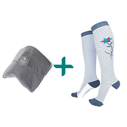 Trtl Pillow Socks Bundle - Scientifically Proven Super Soft Neck Support Travel Pillow Compression Socks (Grey Pillow & Kyoto Socks Size Large)