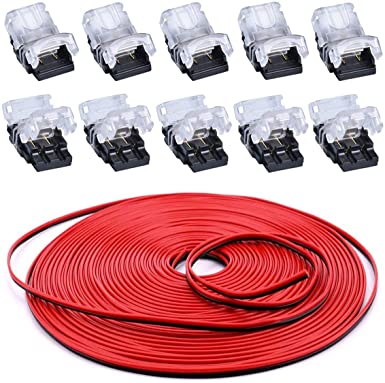 BZONE 2 Pin LED Strip Connectors 10 Pack with 16.4FT Extension Cable for 10 mm Wide Waterproof Single-Color LED Strip Lights, Strip to Wire Quick Connection