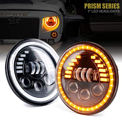Xprite 7" Inch 85W LED Headlights for Jeep Wrangler JK TJ LJ 1997-2018, w/DRL, Hi/Lo Beam,and Amber Turn Signal Halo Lights (DOT Approved)