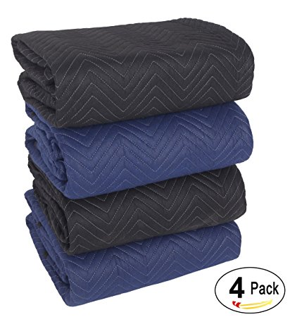 SOMIDE Supreme Moving Blankets, Ultra Thick, Double Batting, Colorfast - 4 Pack, 72" x 80",65-70 Lbs/dozen, Black/Blue