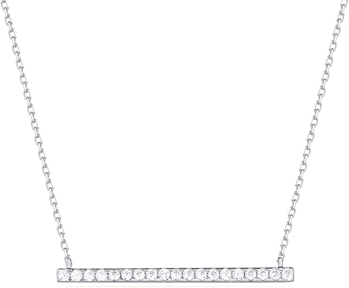 Carleen 18K White Gold Plated 925 Sterling Silver Round CZ Cubic Zirconia Simulated Diamond Paved Horizontal Long Bar Dainty Pendant Stud Earrings Necklace for Women