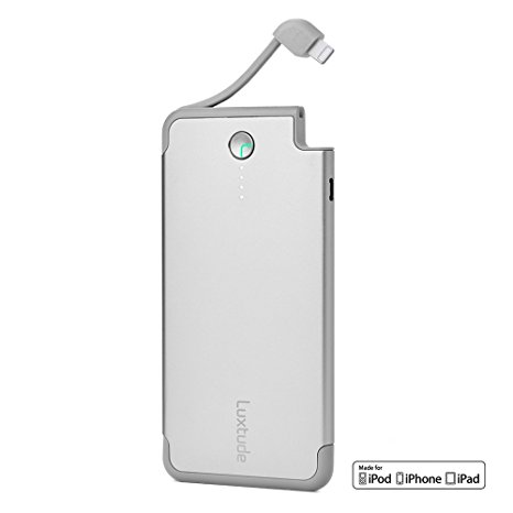 Luxtude 5000mAh Portable iPhone Charger, One of the Most Safe and Slim Power Bank with Built in Lightning Cable External iPhone Battery Charger For iPhone X / 8/ 8 Plus / 7 / 7 Plus / 6 / 6S (Silver)