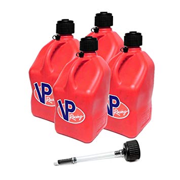 4 Pack VP 5 Gallon Square Red Racing Utility Jugs with Extra Cap & Deluxe Filler Hose