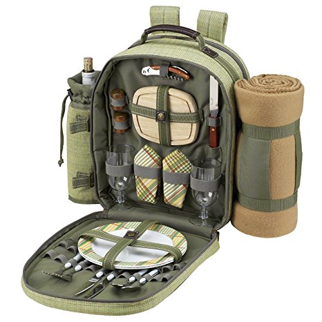 Picnic at Ascot - Deluxe Equipped 2 Person Picnic Backpack with Cooler, Insulated Wine Holder & Blanket - Olive Tweed