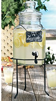 Palais Glassware Clear Glass Octagon Beverage Dispenser - 1.5 Gallon, with Glass Lid and Metal Stand (w/ Chalkboard)