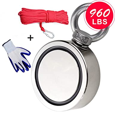 Double Sided Neodymium Fishing Magnet, Combined 960lbs(436KG) Pulling Force, Super Strong Fishing Magnet, Diameter 2.95inch (75mm), Perfect for Retrieving in River and Magnetic Fishing