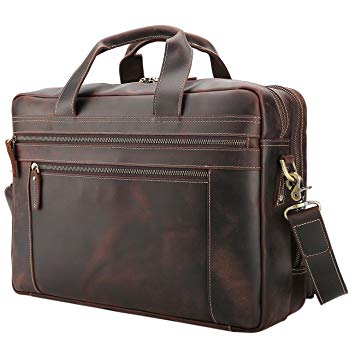 Polare Men's Full Grain Leather 17'' Briefcase Laptop Business Bag