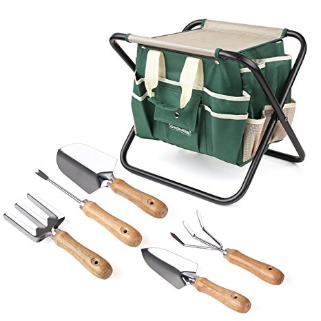 FIXKIT Garden Tool Stool Set with 5 Pieces Tools and Storage Bag