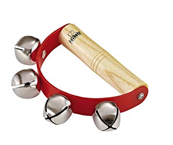 Nino Percussion Kids’ Sleigh Bells for Christmas Caroling, School Band Performances, and Classroom Percussion Music Settings - Four Steel Jingles with Wooden Grip, 2-YEAR WARRANTY, Handheld (NINO962)