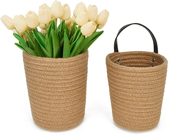 StorageWorks Jute Hanging Basket, Jute Wicker Basket for Plants & Accessories, Hanging Woven Wall Basket Decor, Natural, Set of 2 (one Large, one Small)