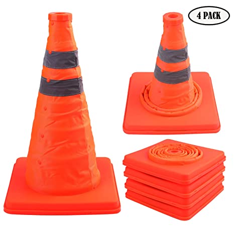 Faswin 4 Pack 15.5 Inch Collapsible Traffic Cones Safety Road Parking Cone Driving Construction Cones with Reflective Strips Collar, Orange