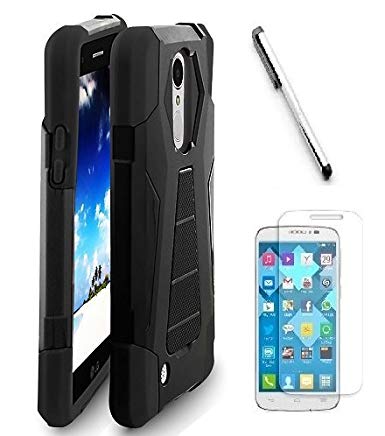 LG Fortune M153 ( Cricket ) case, LG Phoenix 3 M150 ( AT&T ) Case, Luckiefind Premium Hybrid Dual Layer Case with Stand, Stylus Pen, Screen Protector Accessory. (Stand Black)
