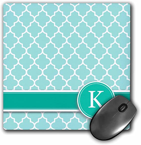 3dRose LLC 8 x 8 x 0.25 Inches Mouse Pad, Personalized Letter K Aqua Blue Quatrefoil Pattern Teal Turquoise Mint Monogrammed Personal Initial (mp_154551_1)