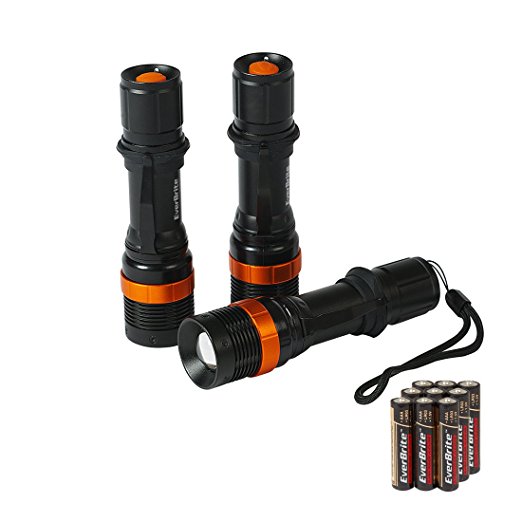 EverBrite 3-Pack Adjustable Focus Aluminum LED Flashlight Torch with Alkaline Batteries Included