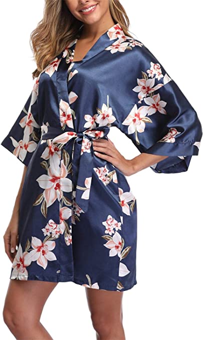 1stmall Women's Floral Satin Kimono Bridesmaid Robe Wedding Party Short Robe with Pockets
