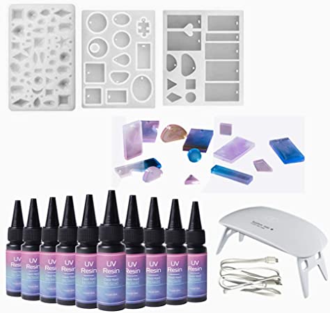 10x30ml New Version Clear UV Epoxy Resin Upgraded Faster Ultraviolet Curing 1minute Kit with 3 Silicone Molds for Jewelry Making DIY Pendants Earrings   Portable UV Lamp
