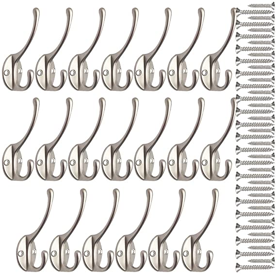 IBosins 20 Pack Heavy Duty Dual Coat Hooks Wall Mounted with 80 Screws Retro Double Hooks Utility Black Hooks for Coat, Scarf, Bag, Towel, Key, Cap, Cup, Hat (Silvery)