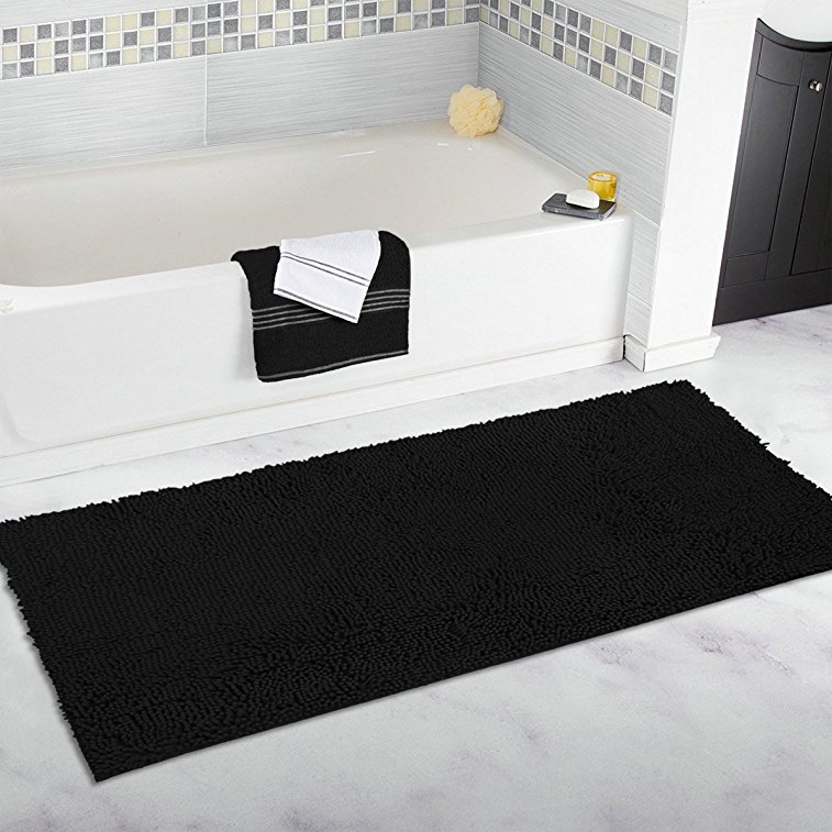 Mayshine 27.5x47 inch Non-slip Bathroom Rug Shag Shower Mat Machine-washable Bath mats with Water Absorbent Soft Microfibers of - Black