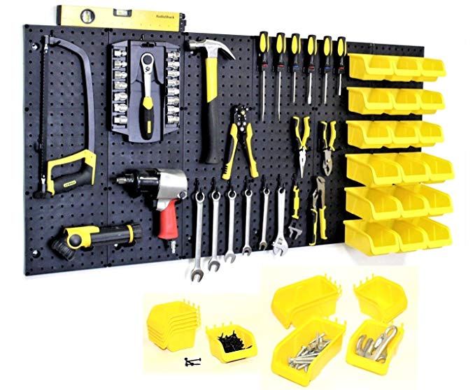 WallPeg Garage Storage System with Panels, Bins, Peg Board Hooks and Panel Set - Tool Parts and Craft Organizer (Kit with 18 bins)