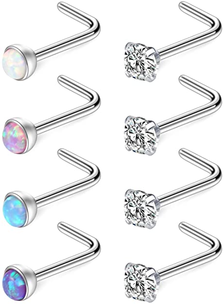 Zolure 18G Surgical Steel 1.5mm 2mm 2.5mm 3mm Jeweled Opal & Clear CZ Nose L-Shaped Rings Studs Ring Body Piercing Jewelry 8-16PCS