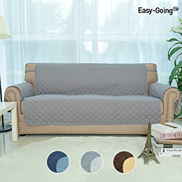 Sofa Covers, Slipcovers, Reversible Quilted Furniture Protector, Improved Anti-Slip Cover with Elastic Strap and Foam, Micro Fabric Couch Shield, Pet Cover by Easy-Going（Sofa, Dark Gray/Light Gray）