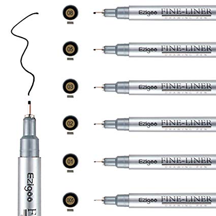 Ezigoo Fineliner Pens for Art Sketches, Technical Drawings, Office Documents – Black Ink Pens Assorted Tips Pack of 6