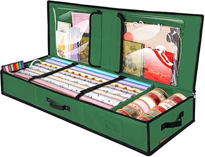 BALEINE Wrapping Paper Storage Organizer with Flexible Partitions and Pockets, 40" Durable 600D Oxford Fabric Gift Wrap Storage Bag Fits Ribbon, Ornaments, Holiday Accessories (Green)