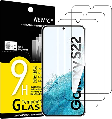 NEW'C 3 Piezas, Protector Pantalla para Samsung Galaxy S22 5G, Antiarañazos, Antihuellas, Sin Burbujas, Dureza 9H, 0.26 mm Ultra Transparente, Vidrio Templado Ultra Resistente